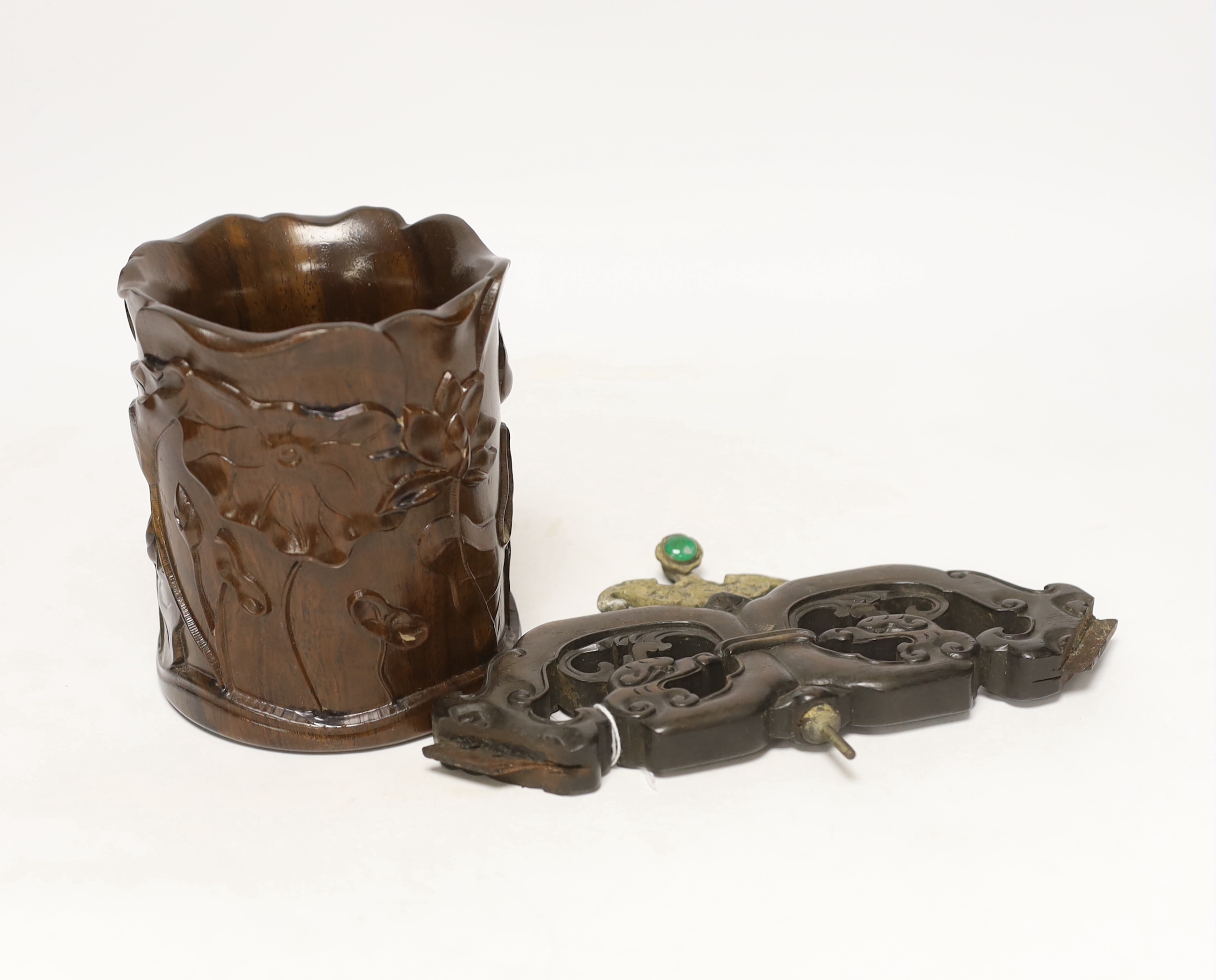 A Chinese hardwood finial and a brush pot, 13cm high